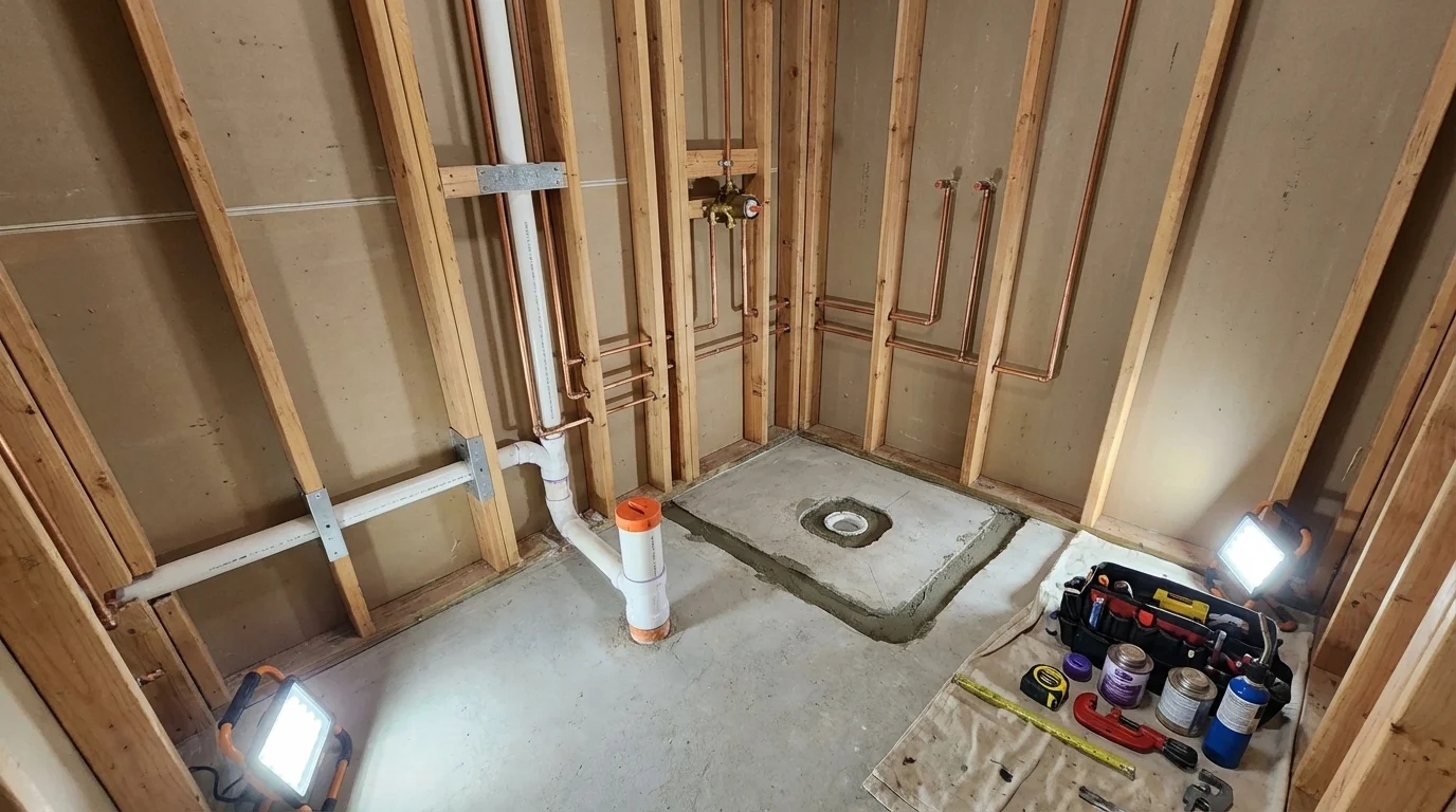 Bathroom rough-in plumbing during remodel by Johns Plumbing LLC in King George