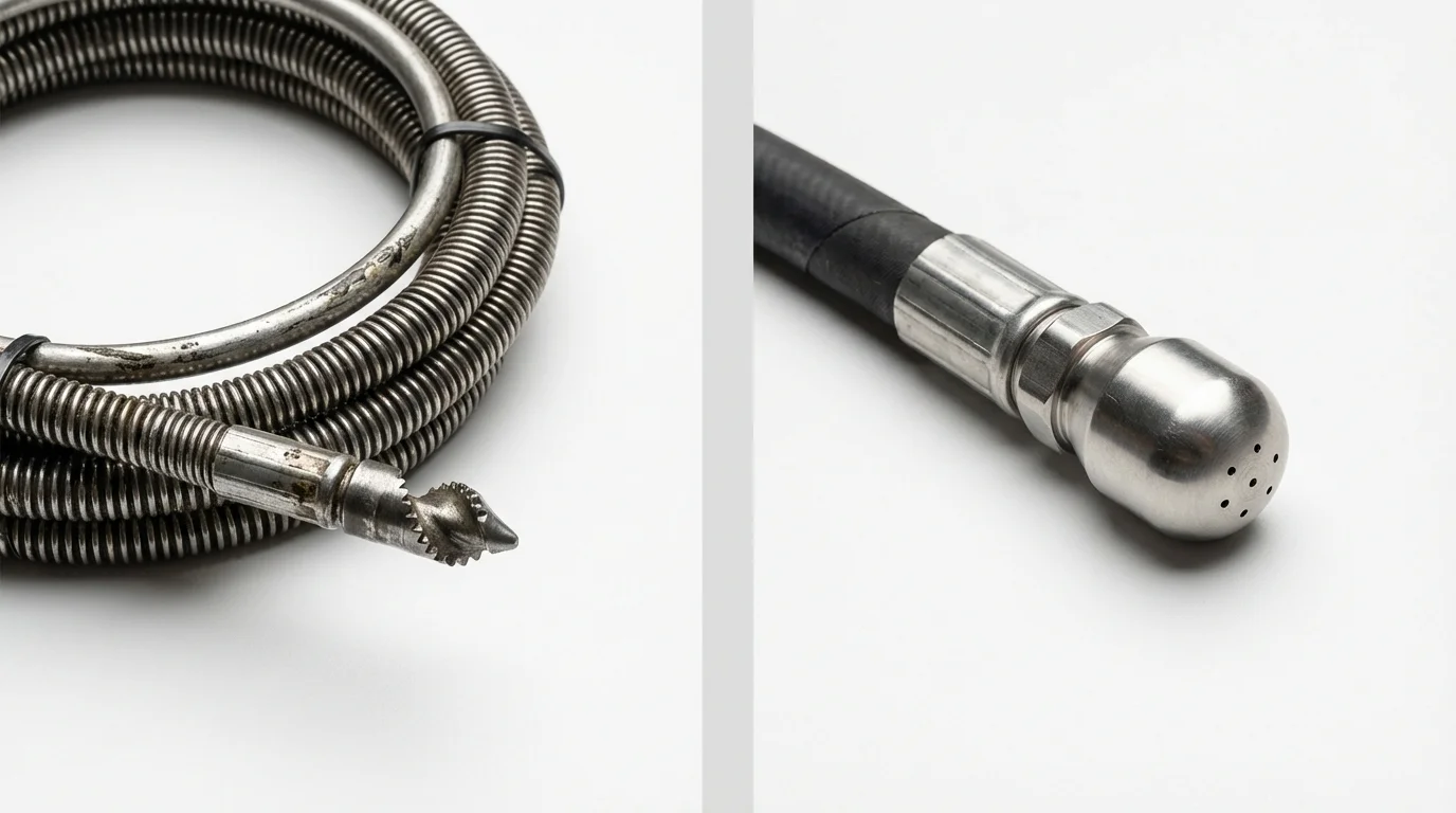 Drain snake cable and hydro jetting nozzle used for drain cleaning in King George, VA