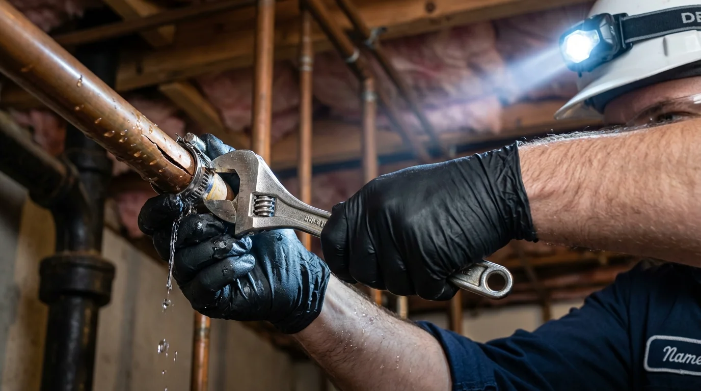 Emergency pipe clamp repair being performed by a Johns Plumbing LLC plumber in King George