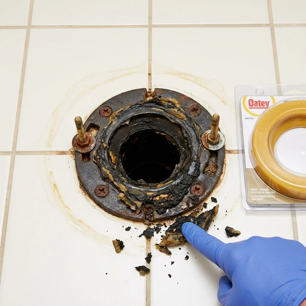 Failed wax ring showing water seepage at the base of a toilet in a King George, VA home