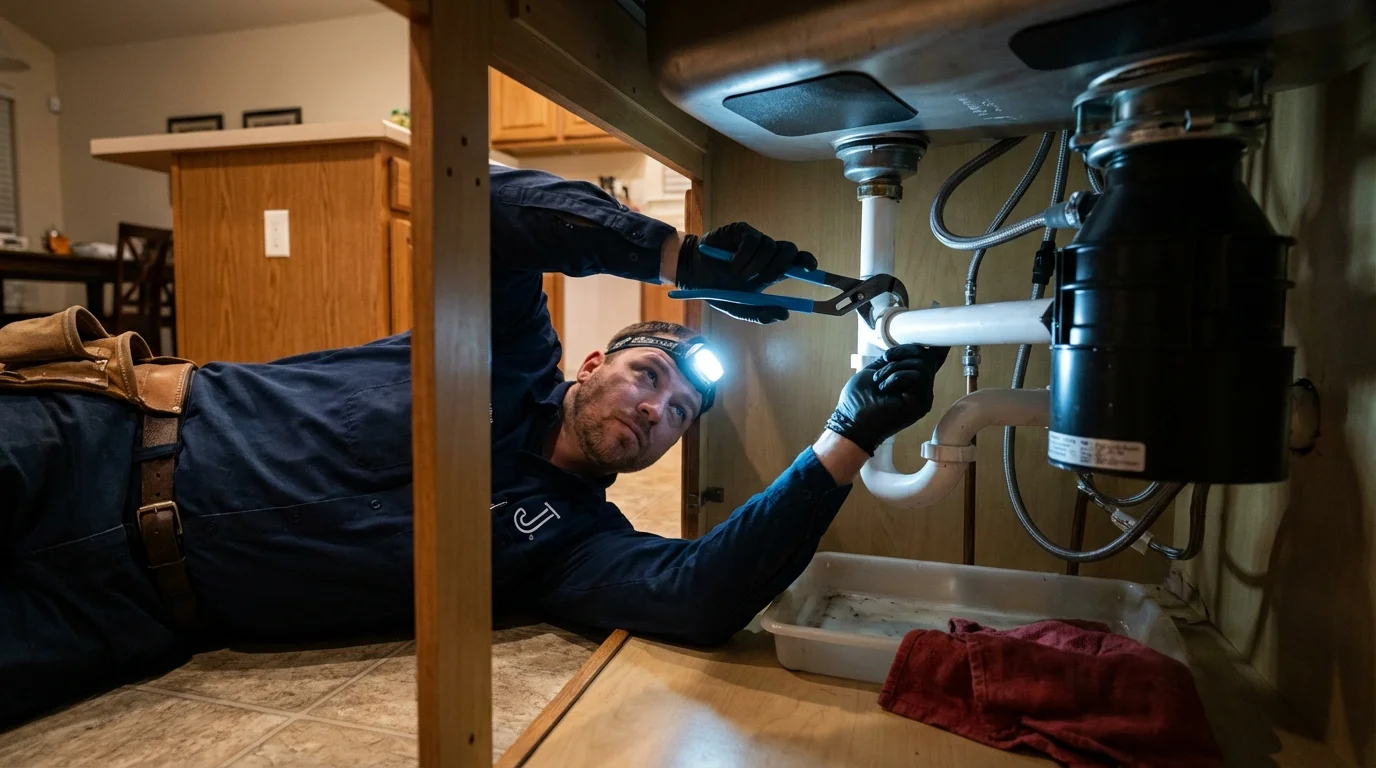 P-trap and supply line connections under a kitchen sink showing a common leak point in King George, VA